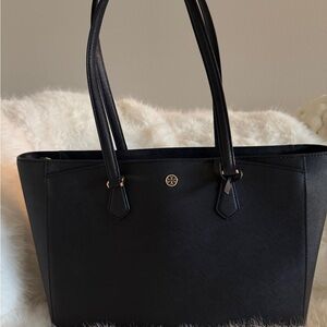 Tory Burch Black Saffiano Leather Tote with Logo Medallion